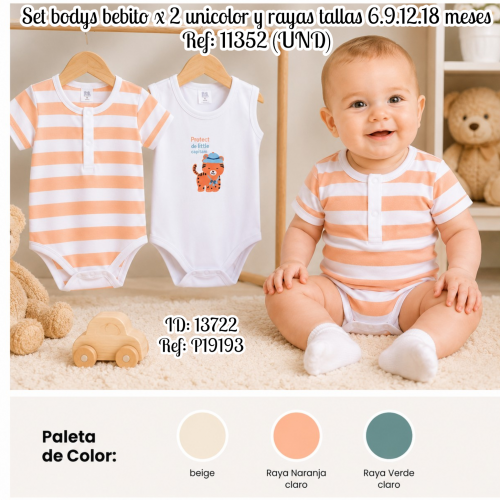 Set bodys bebito x 2 unicolor y rayas tallas 6.9.12.18 meses Ref: 11352 (UND)