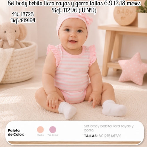 Set body bebita licra rayas y gorro tallas 6.9.12.18 meses Ref: 11296 (UND)