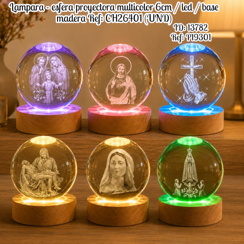Lampara - esfera proyectora multicolor 6cm / led / base madera Ref: CH26401 (UND)