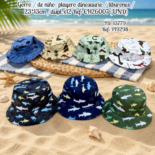 Gorro / de niño- playero dinosaurio / tiburones / 23*13cm /displ.x12 Ref: CH26007 (UND)