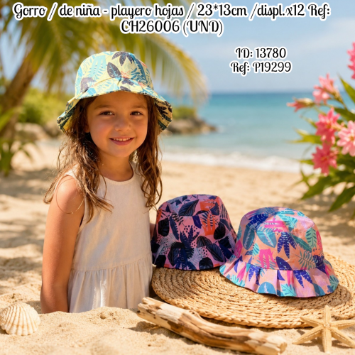 Gorro / de niña - playero hojas / 23*13cm /displ.x12 Ref: CH26006 (UND)