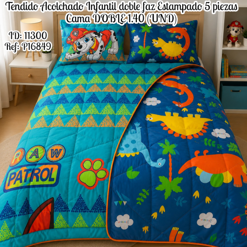Tendido Acolchado Infantil doble faz Estampado 5 piezas Cama DOBLE 1.40 (UND)