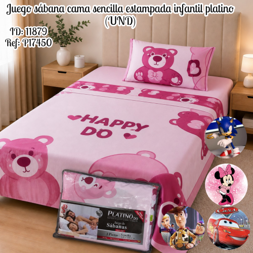 Juego sábana cama sencilla estampada infantil platino (UND)