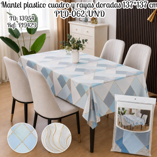 Mantel plastico cuadro y rayas doradas 137*137 cm PLD-062(UND)