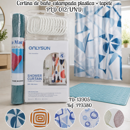 Cortina de baño estampada plastica + tapete PLD-012(UND)