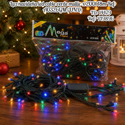 Luz navideña led cable verde multic x 200l 18m Ref: A0326GM (UND)