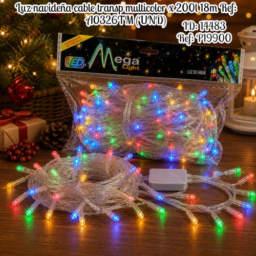 Luz navideña cable transp multicolor x 200l 18m Ref: A0326TM (UND)