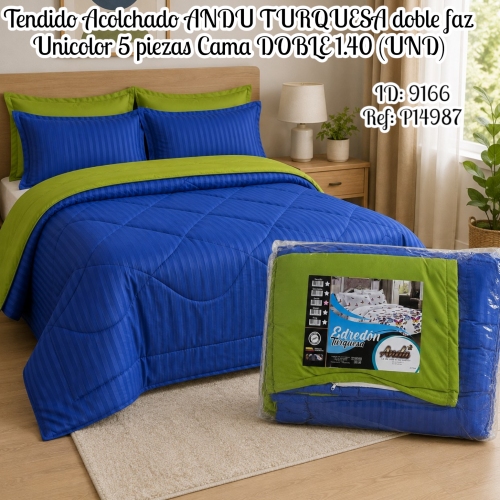 Tendido Acolchado ANDU TURQUESA doble faz Unicolor 5 piezas Cama DOBLE 1.40  (UND)