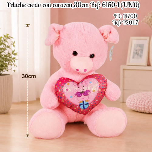Peluche cerdo con corazon,30cm  Ref: 6150-1 (UND)