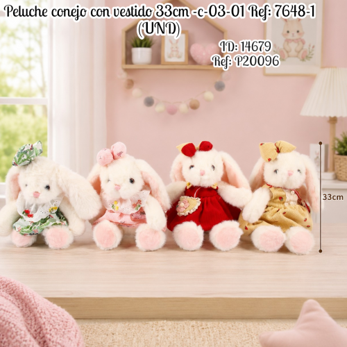 Peluche conejo con vestido 33cm -c-03-01 Ref: 7648-1 (UND)