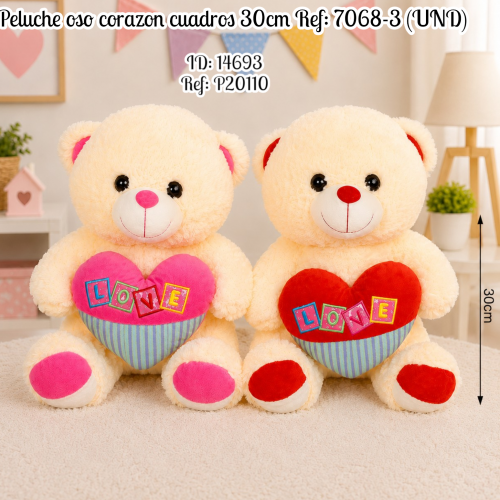 Peluche oso corazon cuadros 30cm  Ref: 7068-3 (UND)