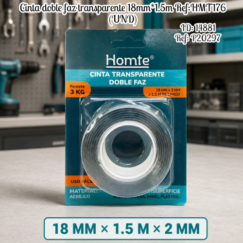 Cinta doble faz transparente 18mm*1.5m Ref:HMT176 (UND)