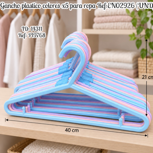 Gancho plastico colores x5 para ropa Ref:EN02926 (UND)