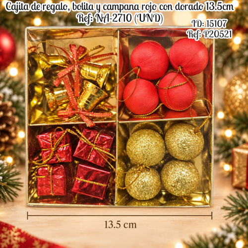 Cajita de regalo, bolita y campana rojo con dorado 13.5cm Ref: NA-2710 (UND)