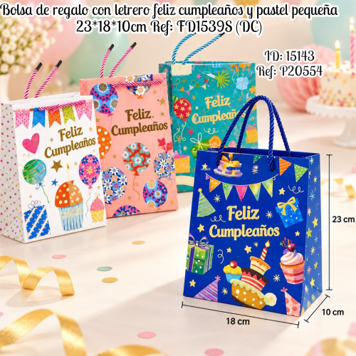 Bolsa de regalo con letrero feliz cumpleaños y pastel pequeña 23*18*10cm Ref: FD1539S (DC)