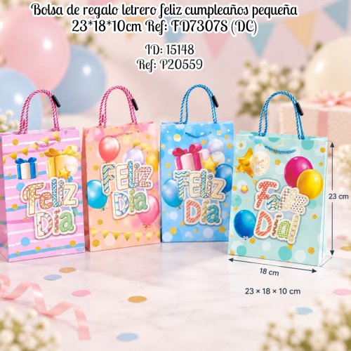 Bolsa de regalo letrero feliz cumpleaños pequeña 23*18*10cm Ref: FD7307S (DC)