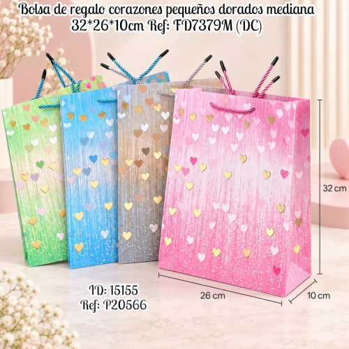 Bolsa de regalo corazones pequeños dorados mediana 32*26*10cm Ref: FD7379M (DC)