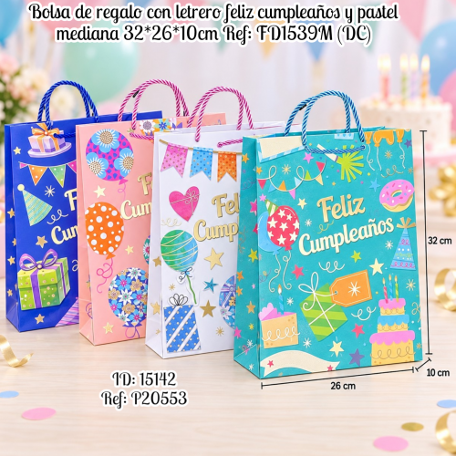 Bolsa de regalo con letrero feliz cumpleaños y pastel mediana 32*26*10cm Ref: FD1539M (DC)