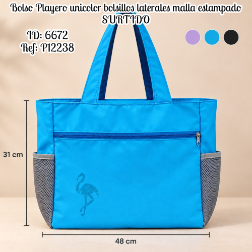Bolso Playero unicolor bolsillos laterales malla estampado SURTIDO
