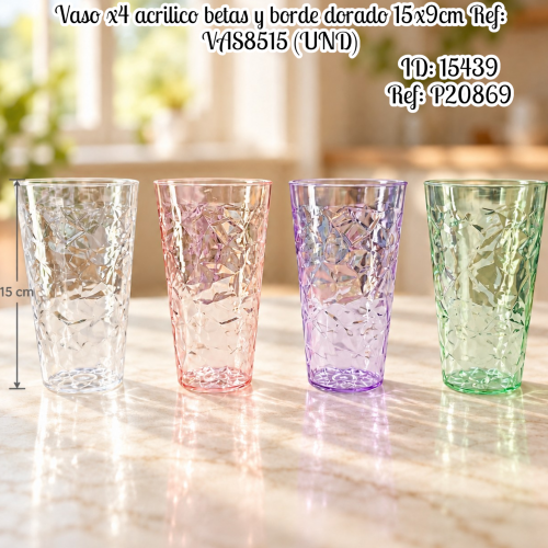 Vaso x4 acrilico betas y borde dorado 15x9cm Ref: VAS8515 (UND)