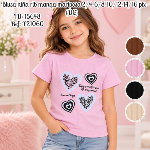 Blusa niña rib manga mariposa 2/4-6/8-10/12-14/16 ptx al por mayor