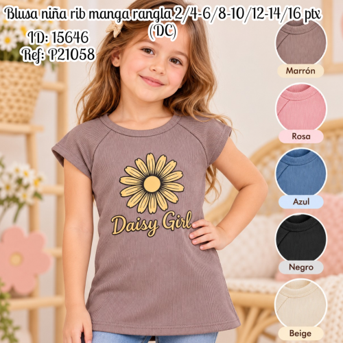 Blusa niña rib manga rangla 2/4-6/8-10/12-14/16 ptx al por mayor