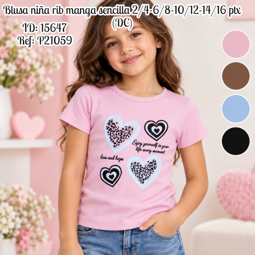 Blusa niña rib manga sencilla 2/4-6/8-10/12-14/16 ptx al por mayor