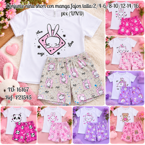 Conjunto niña short con manga fajon talla:2/4-6/8-10/12-14/16 ptx al por mayor
