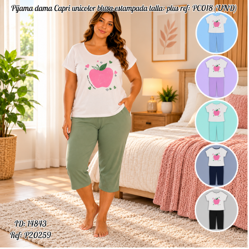 Pijama dama Capri unicolor blusa estampada talla: plus al por mayor – Ref. PC018