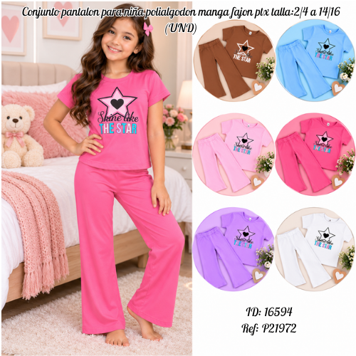 Conjunto pantalon para niña polialgodon manga fajon ptx talla:2/4 a 14/16 al por mayor