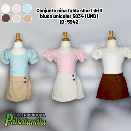Conjunto niña falda short drill blusa unicolor 5034 (UND)