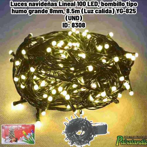 Luces navideñas Lineal 100 LED, bombillo tipo humo grande 8mm, 8.5m (Luz calida) YG-825 (UND)