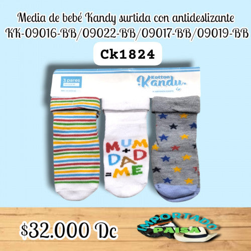 Media Bebe Kandy surtida estampada antideslizante  KK-09016-BB/0902-BB/09017-BB