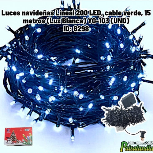 Luces navideñas Lineal 200 LED, cable verde, 15 metros (Luz Blanca) YG-103 (UND)