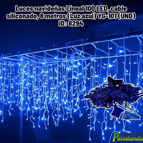 Luces navideñas Lineal 100 LED, cable siliconado, 8 metros (Luz azul) YG-101 (UND)