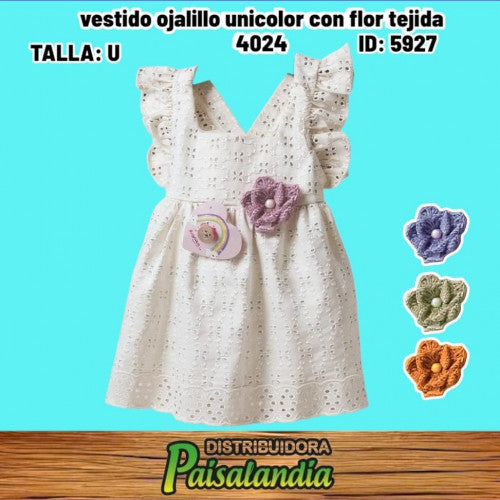 vestido ojalillo unicolor con flor tejida 4024 (UND)