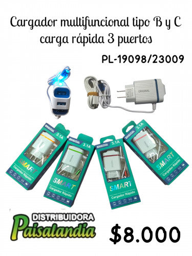 Cargador multifuncional tipo byc carga rapida 3 puesto pl-19098/23009