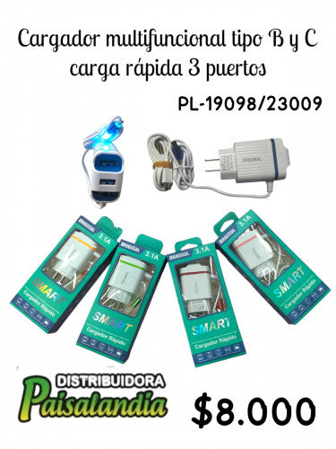 Cargador multifuncional tipo B y C carga rápida 3 puestos PL-19098/23009 (UND)
