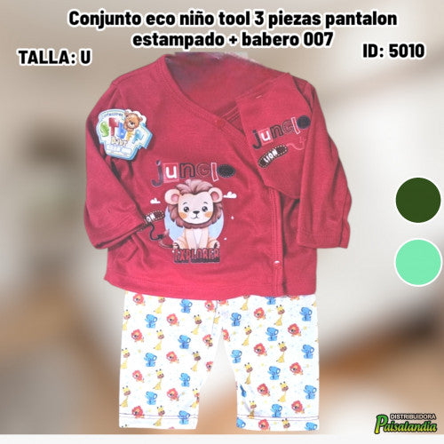 Conjunto eco niño tool 3 piezas pantalon estampado + babero 007 (UND)