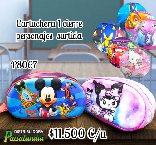 Cartuchera 1 cierre estampados infantiles surtida (UND)
