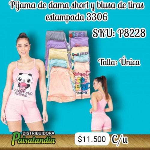 Pijama de dama short y blusa de tiras estampada 3306 (UND)