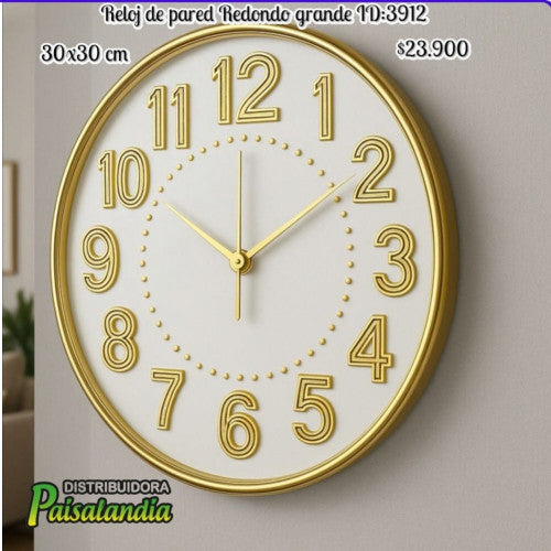 Reloj de pared redondo grande 30x30 cm dorado (UND)