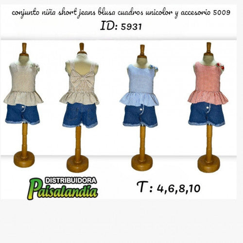 Conjunto niña short jeans blusa cuadros unicolor y accesorio 5009 (UND)