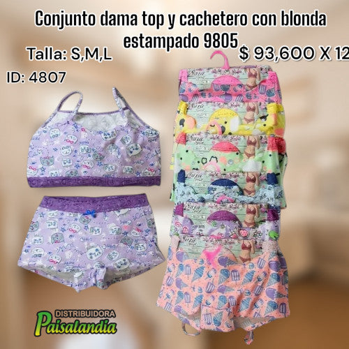 Conjunto dama top y cachetero con blonda estampado 9805 (DC)