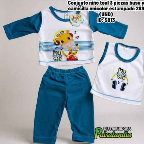 Conjunto niño tool 3 piezas buso y camisilla unicolor estampado 288 (UND)
