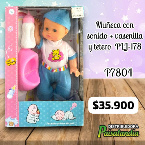 Muñeca con sonido + vasenilla y tetero  PLJ-178