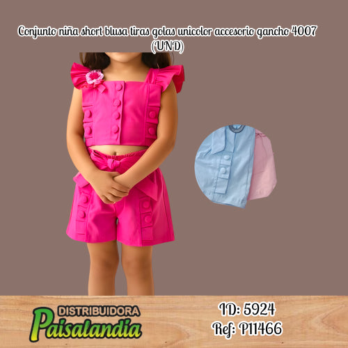 Conjunto niña short blusa tiras golas unicolor accesorio gancho 4007 (UND)