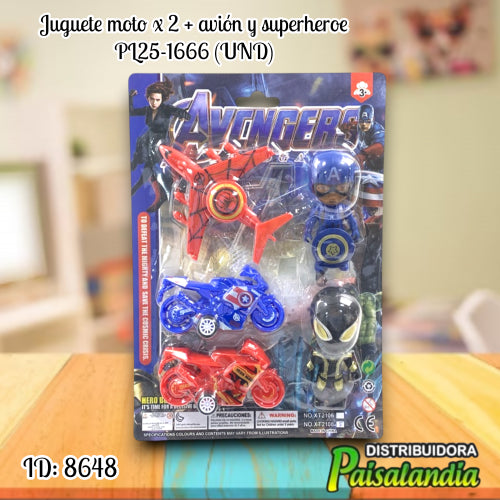 Juguete moto x 2 + avión y superheroe PL25-1666 (UND)