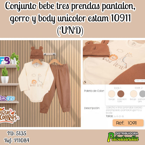 conjunto bebe tres prendas pantalon, gorro y body unicolor estam 10911 (UND)
