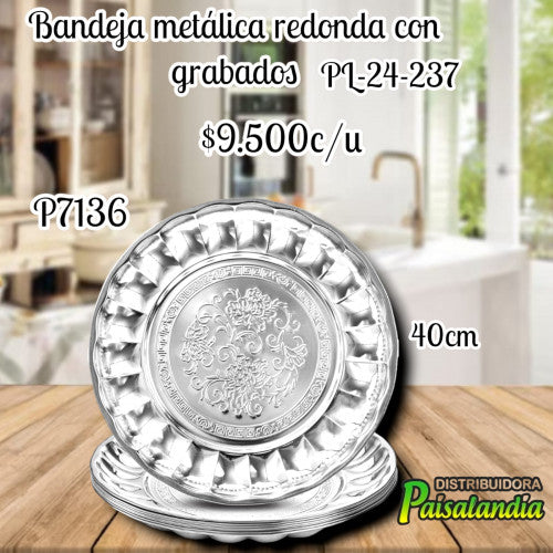 Bandeja metálica redonda con grabados PL24-237 (UND)